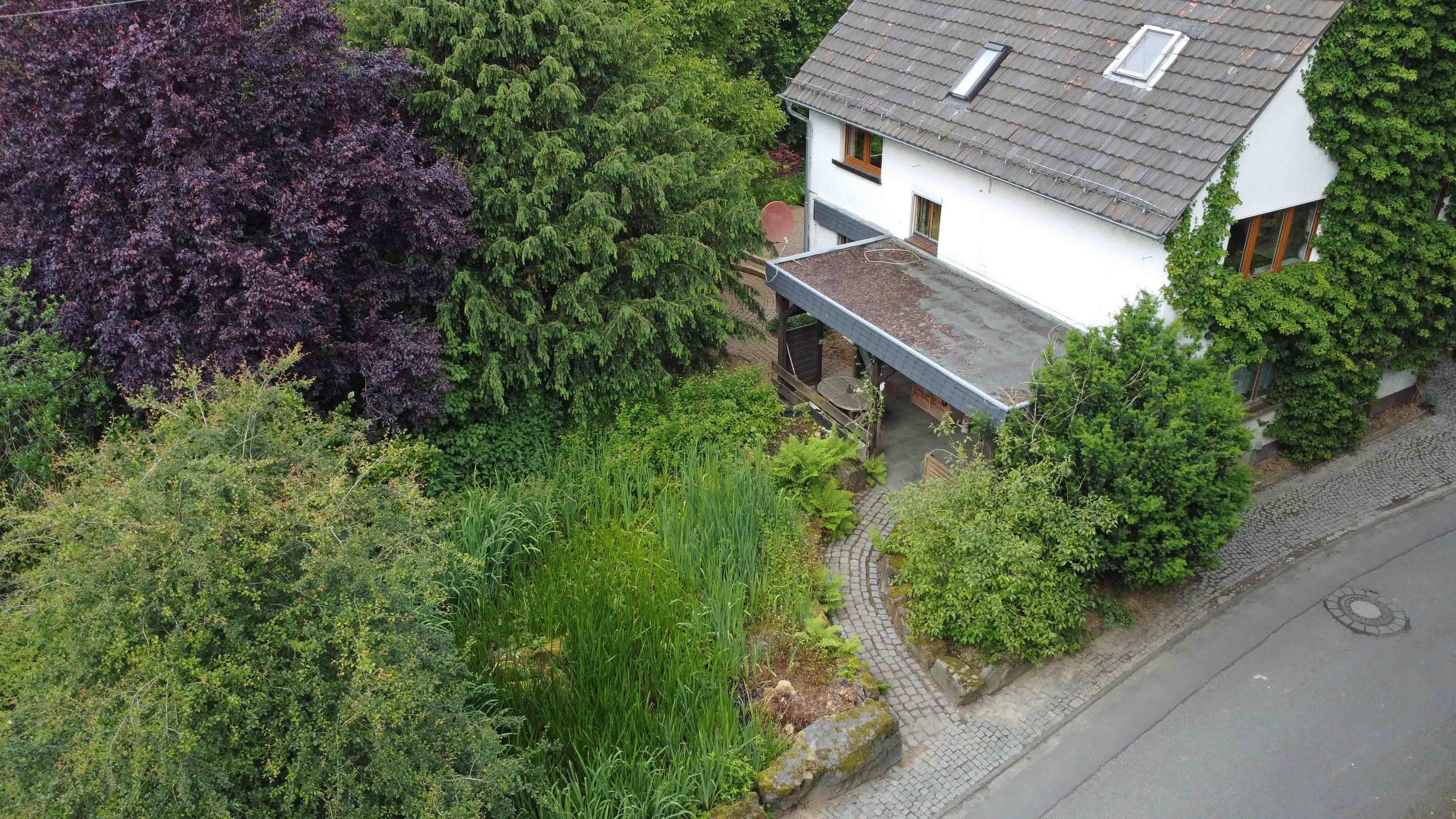 Waldbröl-Happach: Landhaus mit Stall/Scheune - perfekt fürs Landleben, Eingangsseite mit Biotop davor
